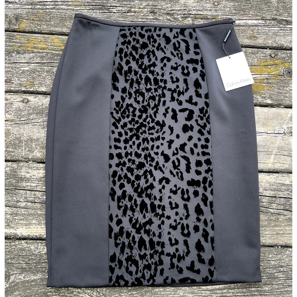 Calvin Klein Pencil Skirt Womens 2P Black‎ New Leopard Print Velvet T5NS3413